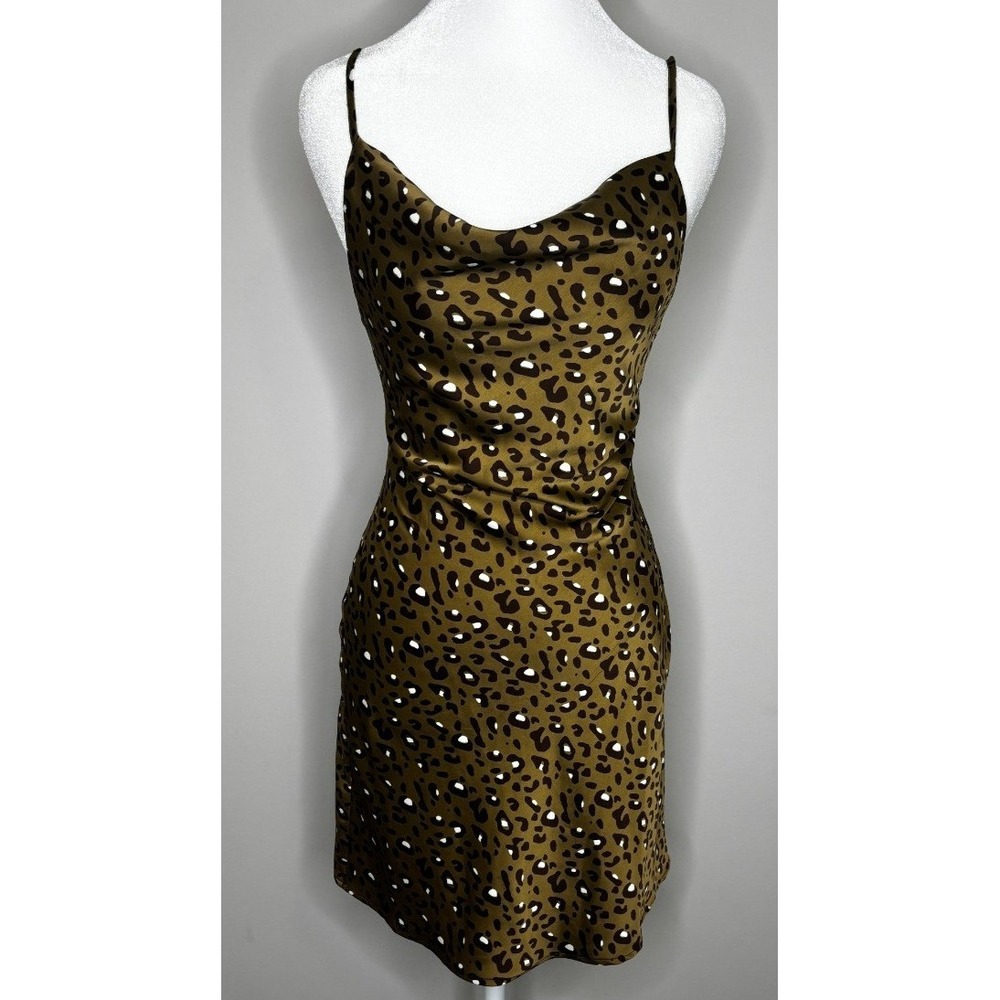 Urban Outfitters Leopard Print Cowl Neck Satin Mini Slip Dress Olive Brown XS